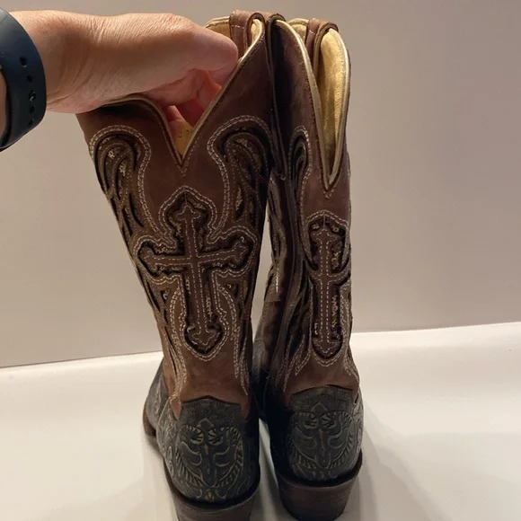 Women's Ferrini Western Hand Tooled Brown Leather Cross Wing Cowboy Boots Sz 7.5 - Picture 7 of 15